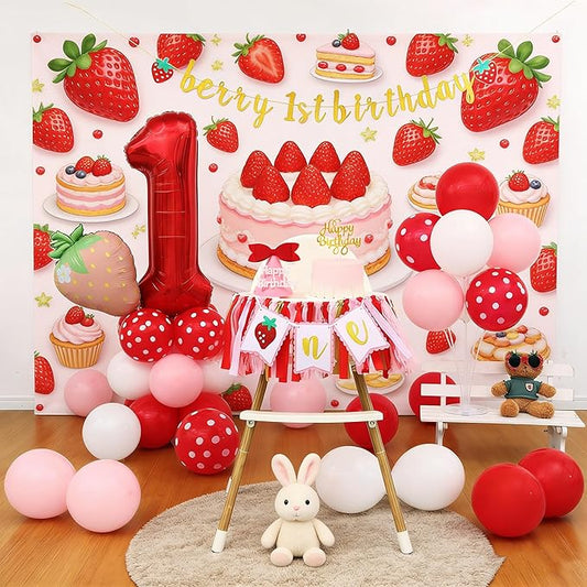 Strawberry High Chair Banner - Sweet Berry 1st Birthday Decorations, First Birthday Photo Prop for Baby