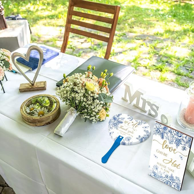 Roowest Wedding Favors for Guests Bulk 100 Pcs Chinoiserie Japanese Wedding Hand Fans and 1 Table Sign Blue and White Portable Plastic Fan with Wooden Handle for Bridal Shower Party Favor Gift