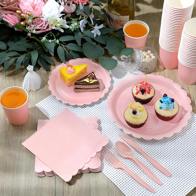Ziliny 350 Pcs Light Pink Plates and Napkins, 50 Guest Spring Party Supplies Include Scalloped Paper Plates Napkins Cups Plastic Spoons Forks Knives Disposable Tableware Set for Baby Shower