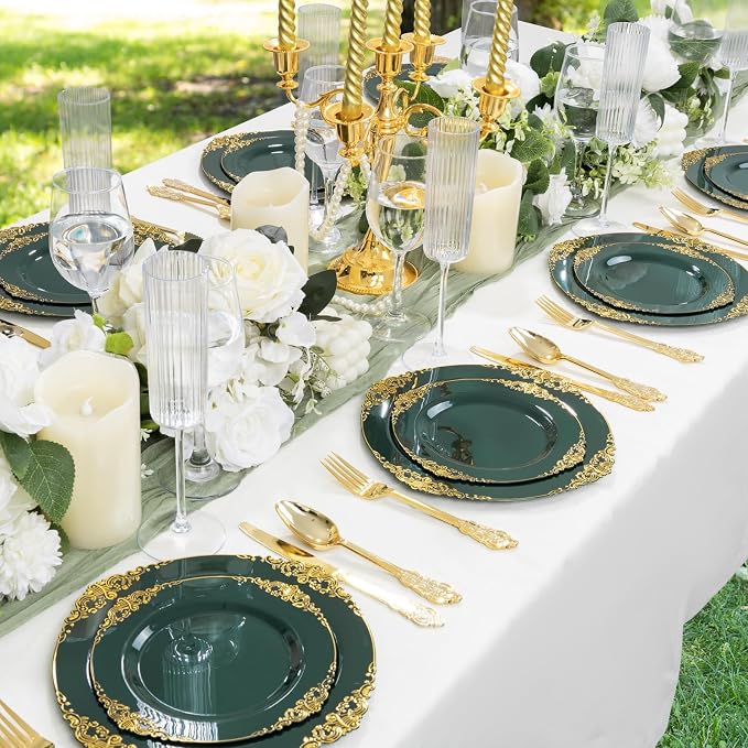 125PCS Green Plastic Plates - Green and Gold Disposable Plates - Fancy Vintage Plate with Gold Plastic Silverware Set for 25 Guests for Party Wedding Holiday