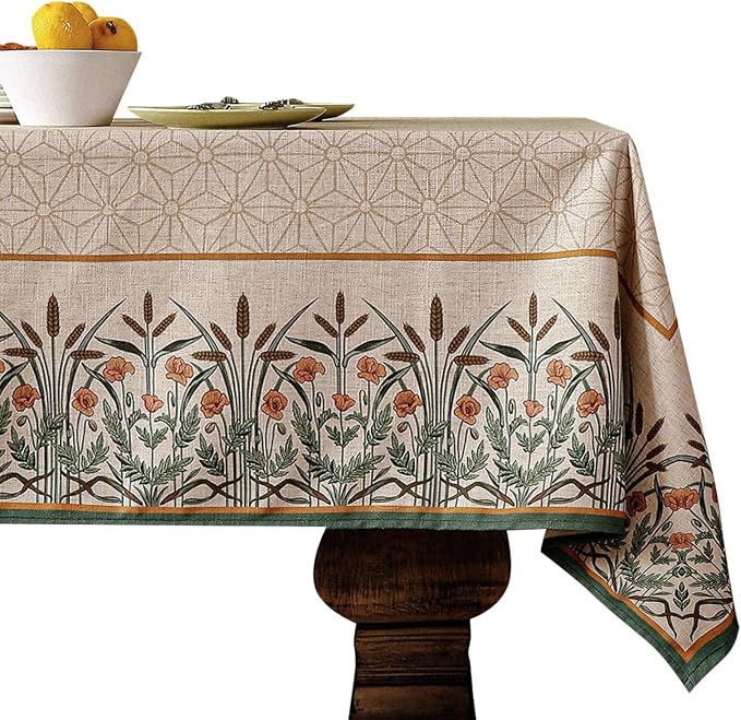 patdrea Vintage French Linen Tablecloth,Rectangular,87"x55"-Cudillero | Elegant Floral Table Cloth for Rectangle Table,Natural Beige Block Print,for Dining Room Tea Party Thanksgiving