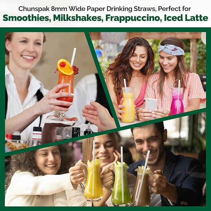 [300 Pack] Biodegradable 10 Inch Long Giant Paper Drinking Straws 8mm Wide - Individually Wrapped, Plain White