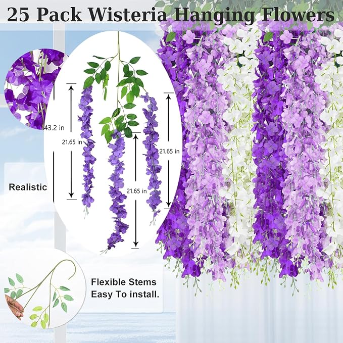 LELEE 25 Pcs Artificial Wisteria Hanging Flowers 3.6ft Purple&Lavender&White Fake Hanging Flowers Garland Silk Flowers Rattan String Faux Wisteria Vine for Wall Wedding Party Arch Greenery Backdrop