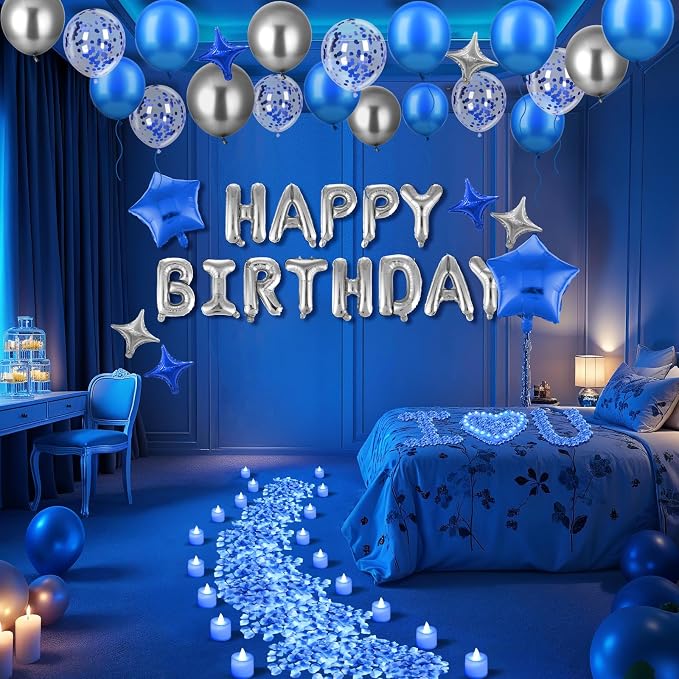 Blue Happy Birthday Balloons Decorations Royal Blue Silver Birthday Balloons Letters Banner 6 Pcs Star Balloons Blue Artificial Rose Petals 24 Flameless LED Candles for Bedroom Hotel Birthday Party