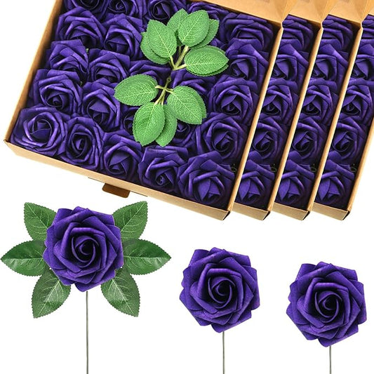 100 Pcs Artificial Foam Rose Flower Faux Bouquet Wedding Fake Rose Gift for Mother's Day Women DIY Bridal Shower Party Table Birthday Home Spring Decor (Purple)