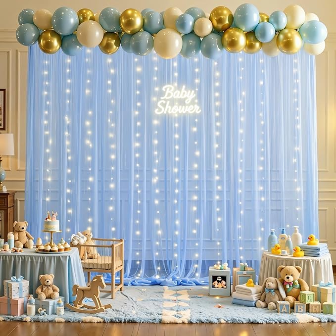 10×12ft Baby Blue Sheer Tulle Backdrop Curtains with Lights String for Parties Baby Shower Decorations for Boy Bridal Shower Birthday Party Photo Shoot Background Wall Decorations 2 Panels 5×12ft