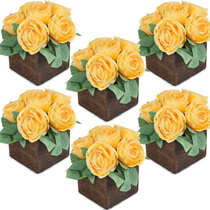 Dining Table Centerpiece Set of 6 - Pre-Made Aritifial Rose with Wooden Vase Fake Floral Arrangment Faux Flower for Wedding Bridal Tea Party Event Decorations - Dark Yellow
