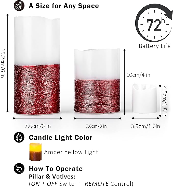 FURORA LIGHTING Red Trim Flameless Candles - Real Wax, Adjustable Brightness, Remote & Timer - 4 Pillars (3x4, 3x6) and 4 Votives, 8-Pack, Battery Operated