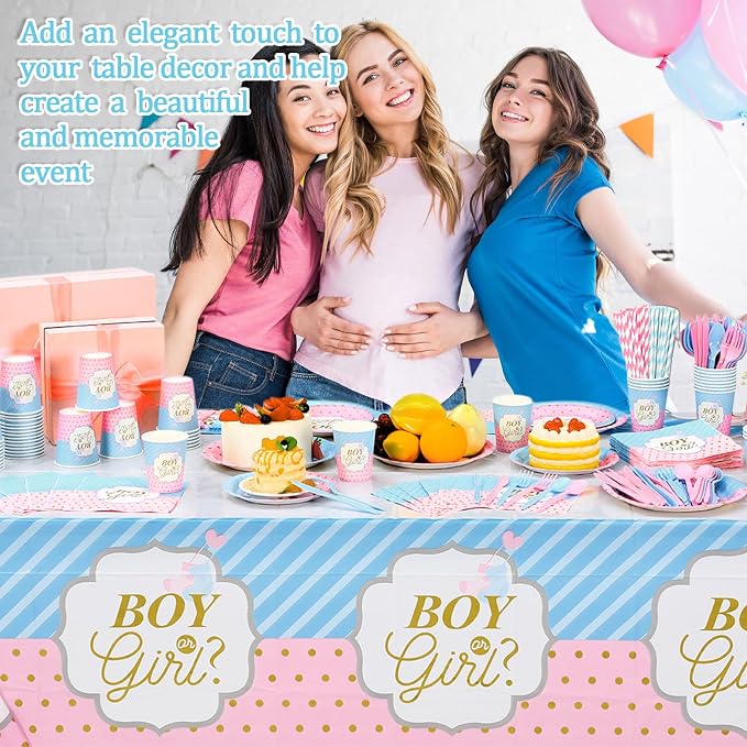 Potchen 452 Pcs Party Supplies Serve 50 Guests, Paper Plates Napkins Cups Cutlery Plastic Tablecloth Dinnerware for Birthday Wedding Party Decoration(Blue and Pink, Boy or Girl)
