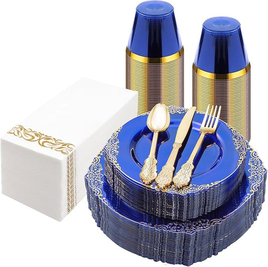 Bestluck 175PCS Clear Blue Plastic Plates for 25 Guests, Disposable Plates with Gold Trim include 25 Dinner and Dessert Plates, 75 Gold Silverware, 25 Cups, 25 Napkins for Party, Wedding & Graduation