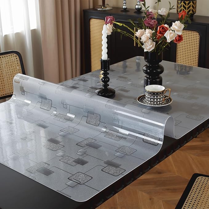 OstepDecor Geometric Table Protector 42 x 96 Inch, 1.5mm Thick Plastic Table Cover, Waterproof Dining Tabletop Protector Rectangle Vinyl Tablecloth PVC Desk Pad Mat for Kitchen
