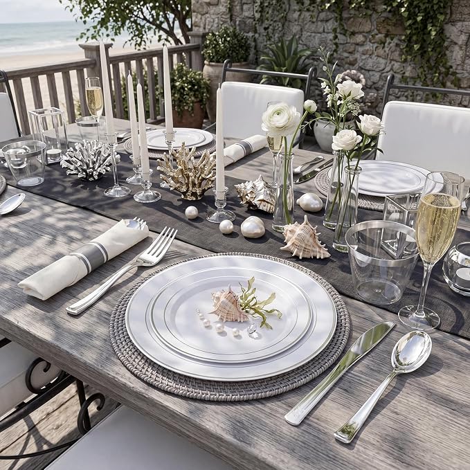 WDF Partyware 350Piece Silver Plastic Dinnerware Set for 50 Guests - Silver Plastic Plates with Cutlery Include:50Dinner Plates-50Dessert Plates-50Pre Rolled Napkins with Silverware Party Wedding