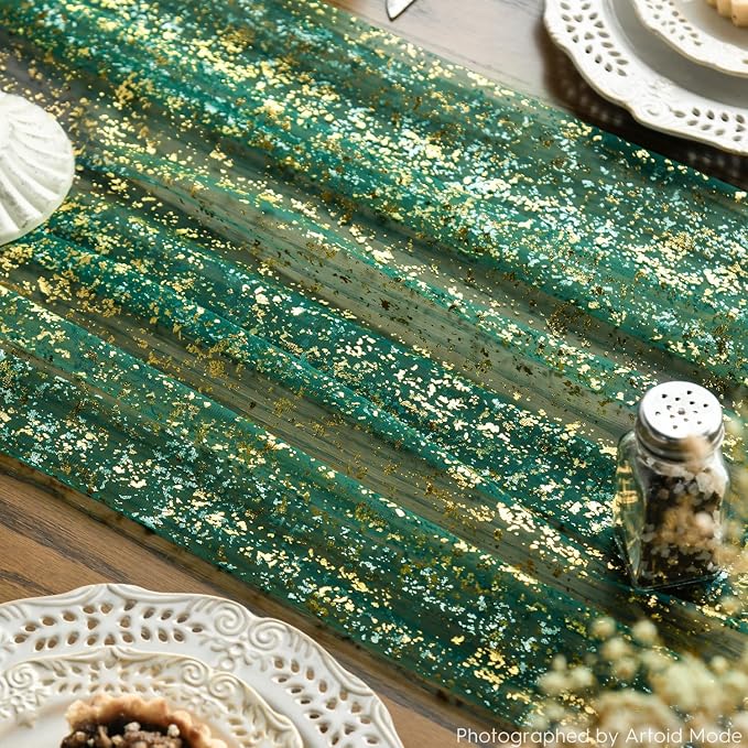 Artoid Mode 3PCS Green Gold Gauze Table Runner 120 Inch 10FT, Glitter Metallic Foil Sheer Dining Wedding Anniversary Holiday Table Decor for Home Party