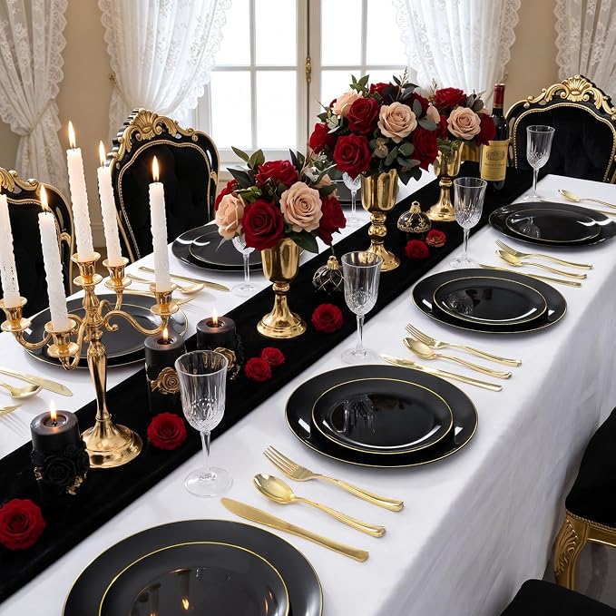 YOUBET 125PCS Black and Gold Plastic Plates - Black Disposable Plates With Gold Rim - Includes 25 Dinner Plates, 25 Dessert Plates, 75 Gold Silverware for Wedding Birthday Party