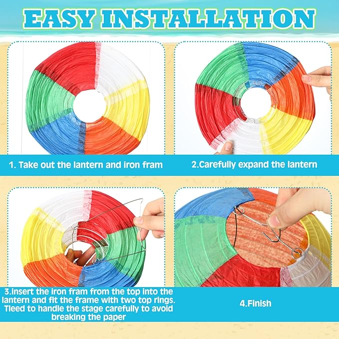Crtiin 28 Pcs Beach Party Decorations Paper Lanterns Pom Poms Fans Spiral Cardboard Hanging Ornaments Hawaiian Tropical Themed Decor for Summer Pool Beach Birthday Party Supplies