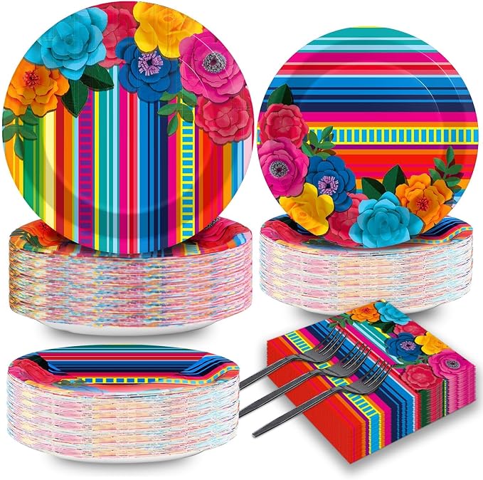 200pcs Mexican Fiesta Plates Napkins Floral Paper Tableware Set Fifth of May Serape Stripes Cake Disposable Dinnerware Pinata Mexico Taco Party Decoration for Baby Shower Birthday Supplies Serves 50