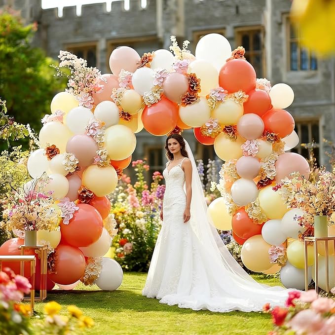 Pink Yellow Peach Balloons with Hydrangea Artificial Flowers, Double Stuffed Pastel Pink Coral White Ivory Balloon Arch for Wildflower Baby Shower Birthday Bridal Shower Easter Tea Party Decor