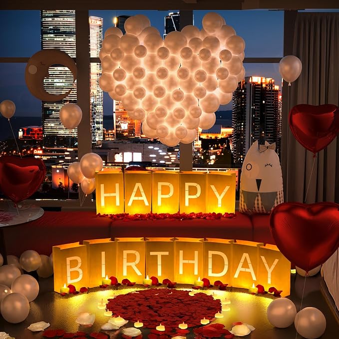 Happy Birthday Decorations, Include Light up Letters, with Tea Lights Candles, Latex Balloons, Aluminum Balloons and Rose Petals, Special Festival, Surprise Gifts Banner for Women and Men