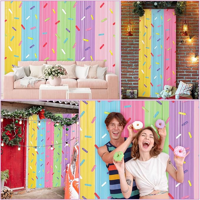Blosssound 4 Packs Donut Party Decorations 3.3 x 6.6 ft Donut Sprinkle Foil Fringe Curtain Colorful Ice Cream Tinsel Streamers for Easter Birthday Baby Shower Sweet Shop Decoration(4 Packs, Doughnut)