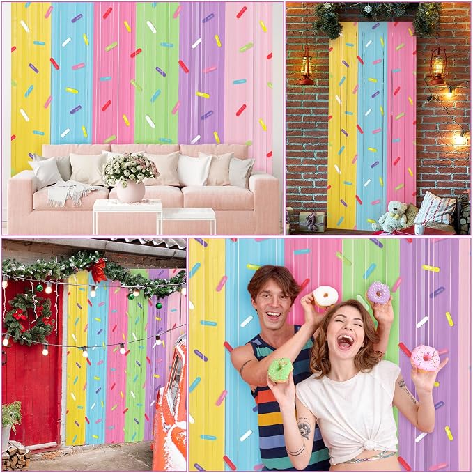 Blosssound 2 Packs Donut Party Decorations 3.3 x 6.6 ft Going Away Party Decorations Donut Sprinkle Foil Fringe Curtain Ice Cream Tinsel Streamers for Goodbye Birthday Baby Shower Sweet Shop Decor