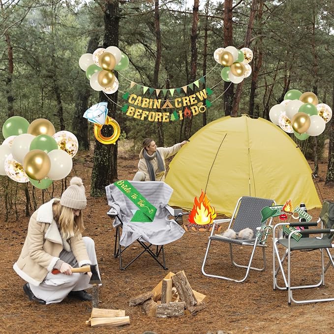 Camp Bachelorette Decorations Kit, Gold Green Bachelorette Party Supplies, Bachelorette Gifts for Bride Include Camping Party Banner, Bachelorette Temporary Tattoos, Bride Balloons Decor