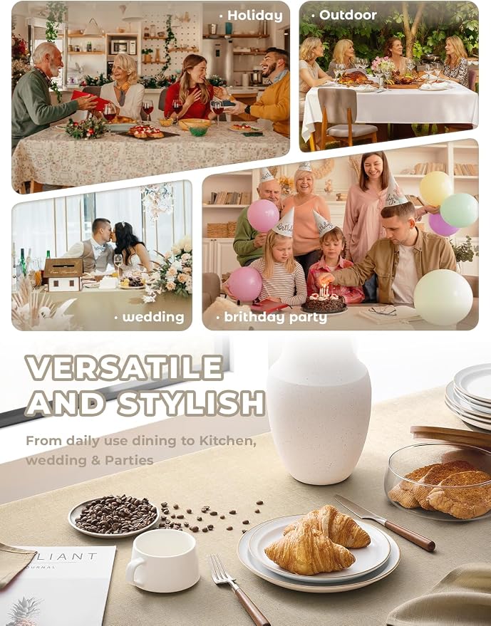 Decorelia Faux Linen Farmhouse Table Cloth 60"x84" for 4-6 ft Rectangle Table, Beige Waterproof Outdoor Washable Cloth Tablecloth for Rectangular Dining Room Kitchen Outdoor Party Restaurant Decor