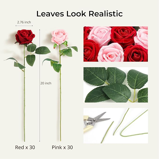 Auihiay 60PCS Artificial Roses, Pink and Red Roses, Velvet Silk Roses, Realistic Artificial Flowers for Father's Day, Wedding Centerpieces, Bridal Bouquets, Home Decor, Anniversary, Valentine's Day