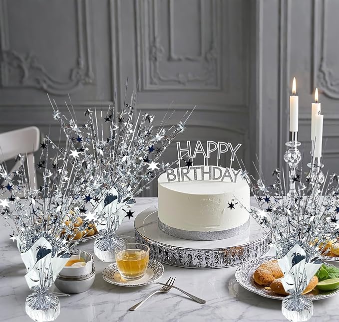 FUBININA 12 Pack Metallic Foil Spray Centerpiece Star Table Decoration Burst Table Centerpieces for New Years Nye Birthday Wedding Anniversary Graduation Holiday Party Supplies Decor, Silver