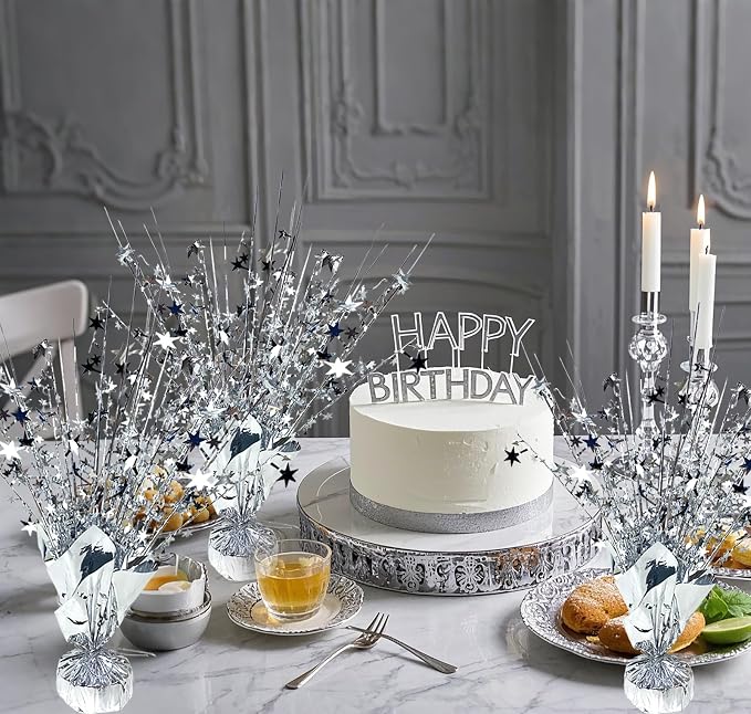 FUBININA 6 Pack Metallic Foil Spray Centerpiece Star Table Decoration Burst Glitter Tabletop Centerpieces for Birthday Christmas New Years Nye Wedding Graduation Holiday Party Supplies Decor, Silver