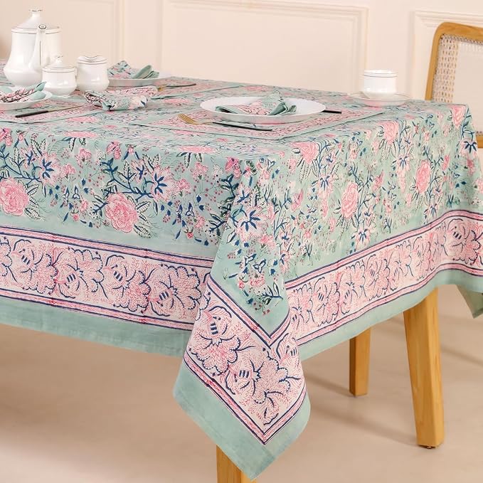 Hand Block Printed Tablecloth, Colorful Floral Print, Indian Artisan Handmade Art, Dining Room, Kitchen, Outdoor Décor, (Mint Green, 6 Seater 60 x 90 Inches Rectangle)