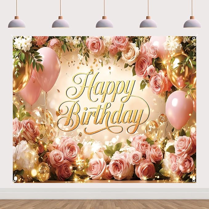 Happy Birthday Backdrop Banner for Women Girls Princess Pink Floral Flower Wall Rose Gold Balloon Party Decorations Photography Background Supplies Decor Fabric Photo Booth Props 8x6ft