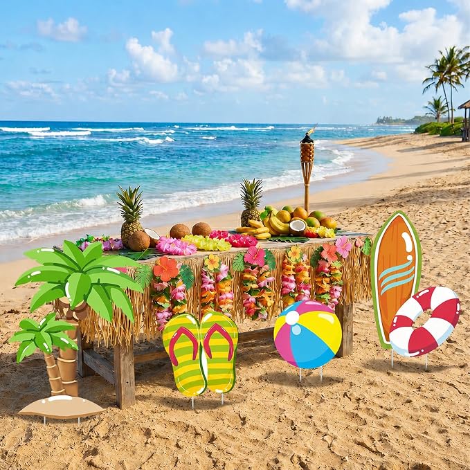 4 Pcs Large Summer Party Decorations, Hawaiian Yard Signs with Stakes Flip Flops Beach Ball Surfboard Palm Tree Cardboard Cutouts for Tropical Birthday Baby Shower Indoor Outdoor Photo Prop