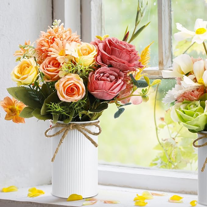 Rustic Vase for Table Centerpieces 4.33 Inch Small Petite Flower Vase with Twine Bow Vintage Farmhouse Decor for Wedding Reception Dining, Home Galvanized Metal Buckets(White,24 Pcs)