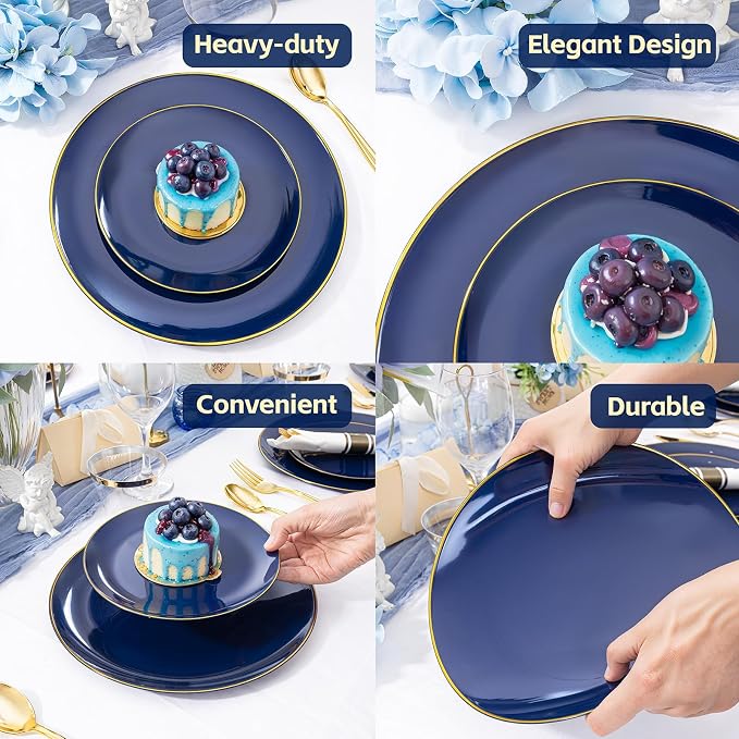 WDF 150pcs Blue plastic Plates - Navy Blue Plates Disposable 25guest Disposable Dinnerware Sets for Party/Wedding/Birthday