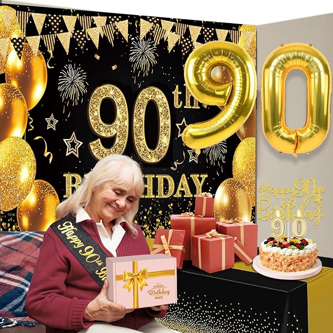 90th Birthday Decorations Men Women with 90th Birthday Banner, Black and Gold Table Cloth, Number Balloons, Large Sash, Cake Topper and Candles