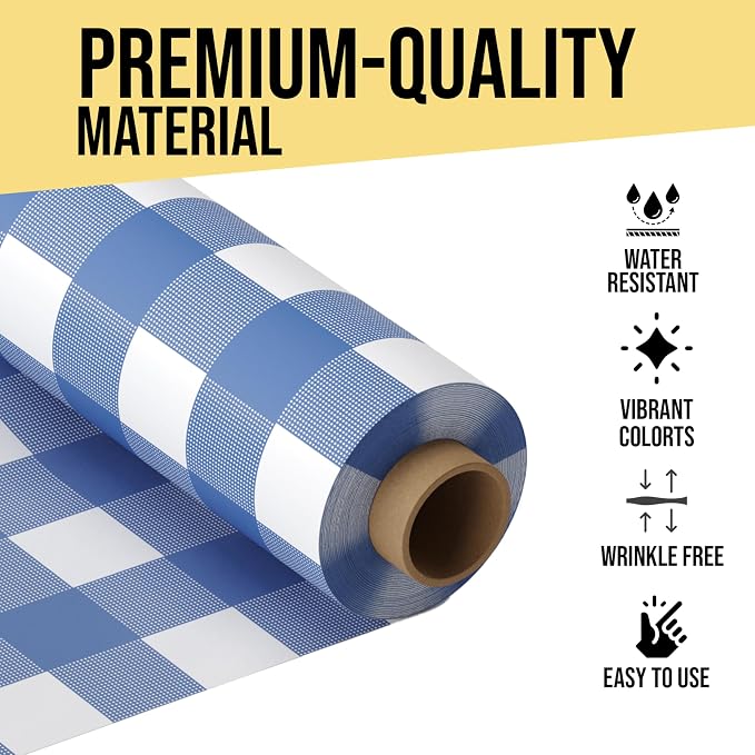 Party Solids 66% Thicker Premium Blue Gingham Plastic Table Cover Roll 40" X 100' Table Cloth Plastic Cover Roll Quality Thick Banquet Rolls Disposable Tablecloth Rolls Strong American Based Company