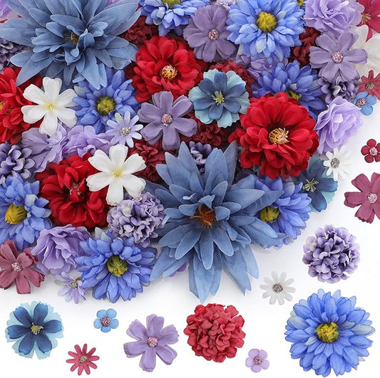 Cindeer 200 Pcs Fake Flower Heads for Crafts Mini Flower Heads Faux Rose Artificial Daisy Blossom Decorative Flowers for Home Bride Bridesmaid Wedding Centerpiece, 2-7 cm (Deep Blue, Deep Purple)