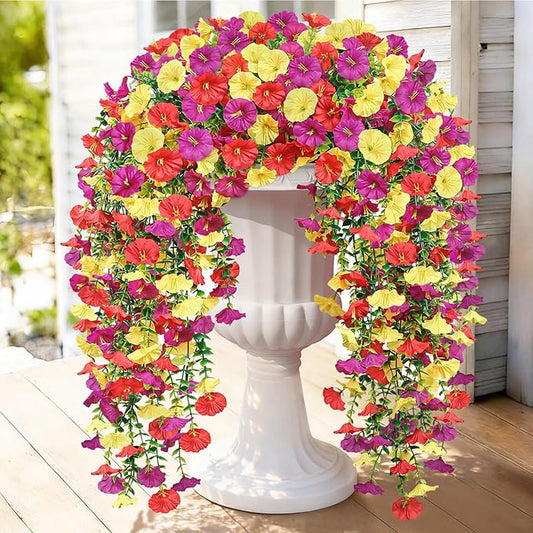Artificial Hanging Flowers for Outdoors, 2 PCS 300 Blooms UV Resistant Morning Glory Faux Silk Vines, No-Odor Realistic Fake Plants for Garden Planter Porch Patio Decoration, Purple & Yellow & Red