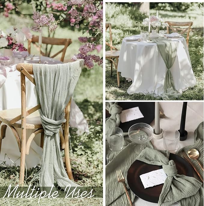 Showgeous 10 Pack Sage Green Cheesecloth Table Runner, 10FT Long Semi-Sheer Boho or Rustic Gauze Table Runner Wedding Table Decor for Wedding Arch Draping Bridal Shower Holiday Party St Patricks Day