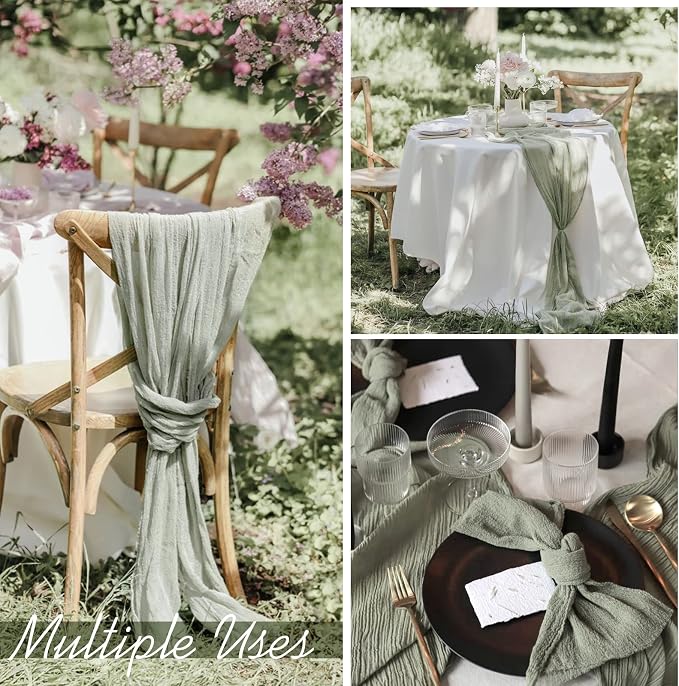 Showgeous 6 Pack Sage Green Cheesecloth Table Runner, 10FT Long Semi-Sheer Boho or Rustic Gauze Table Runner Wedding Table Decor for Wedding Arch Draping Bridal Shower Holiday Party St Patricks Day