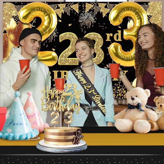23rd Birthday Decorations Men Women with 23rd Birthday Banner, Black and Gold Table Cloth, Number Balloons, Large Sash, Cake Topper and Candles