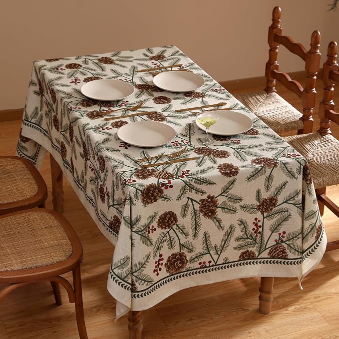 ISAENNE Designer Vintage Linen Rectangular Tablecloth,79"x55"-Carol B | French Elegant Table Cloth Rectangle Table,Pinecones Pattern,Decor,Dining Room,Kitchen,Tea Party,Thanksgiving,Christmas