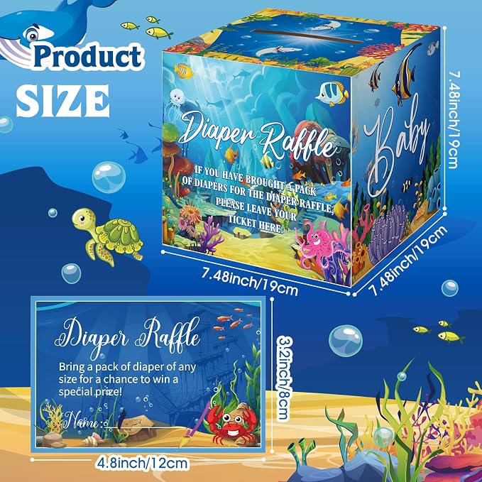 Teling 51 Pieces Diaper Raffle Tickets with Card Box Baby Shower Decorations Baby Shower Holder Box for Girl Boy Diaper Raffle Party(Under the Sea)