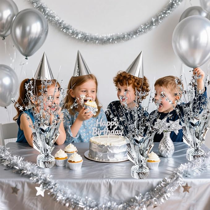 12 Pcs Metallic Foil Spray Centerpiece Party Star Table Decoration Brust Glitter Table Topper Decor for Birthday Graduation Holiday Christmas Dining Celebration New Year Party Supplies,Silver