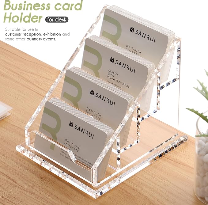YUXUN Business Card Holder for Desk-4 Tier 4 Slot, Acrylic Business Cards Display Stand, Multiple Business Card Holder for Women Men, Desk Organiser Name Card Holders for Exhibition, Home, Office