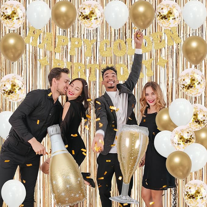 Trgowaul It's My Golden Birthday Decorations for Women Girls, Banner, Sash and Crown, Cake Topper, Latex Balloons Fringe Curtains, Champagne Gold Happy Birthday Party Supplies