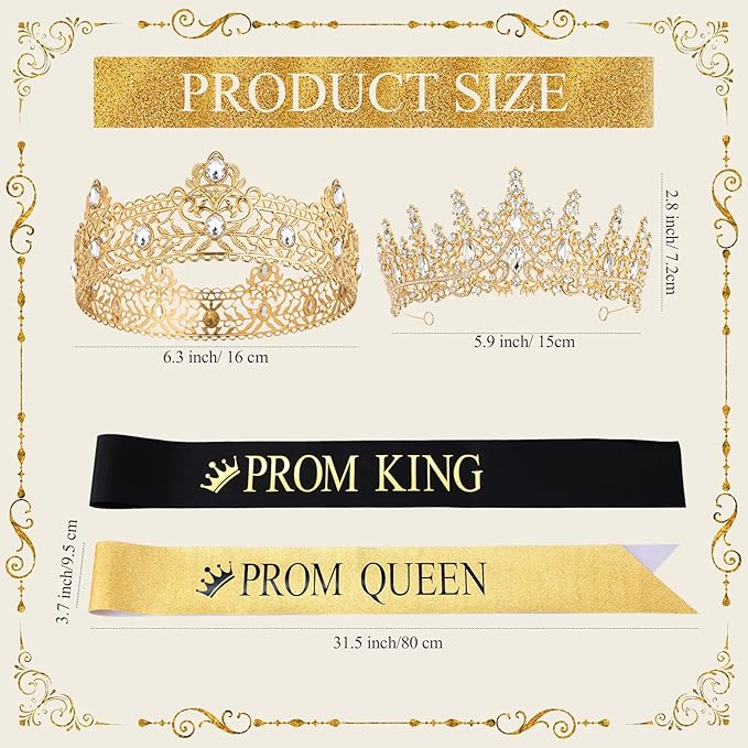 Retrowavy 4 Pcs Prom King and Queen Crown Set with Sashes Prom King Queen Sash and Tiara Set for 2026 Grad Birthday Carnival Wedding Costume Accessories(Gold)