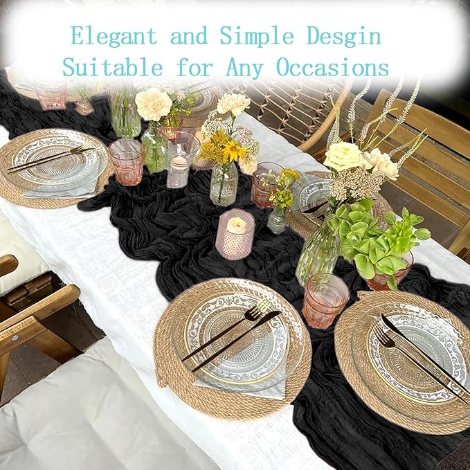 16 Pack Black Cheesecloth Table Runner 20 x 120 inch Gauze Table Runners 10 FT Long,Semi Sheer Boho Cheese Cloth Fabric Table Runner Bulk for Wedding,Party,Baby Shower,Bridal Shower Decoration