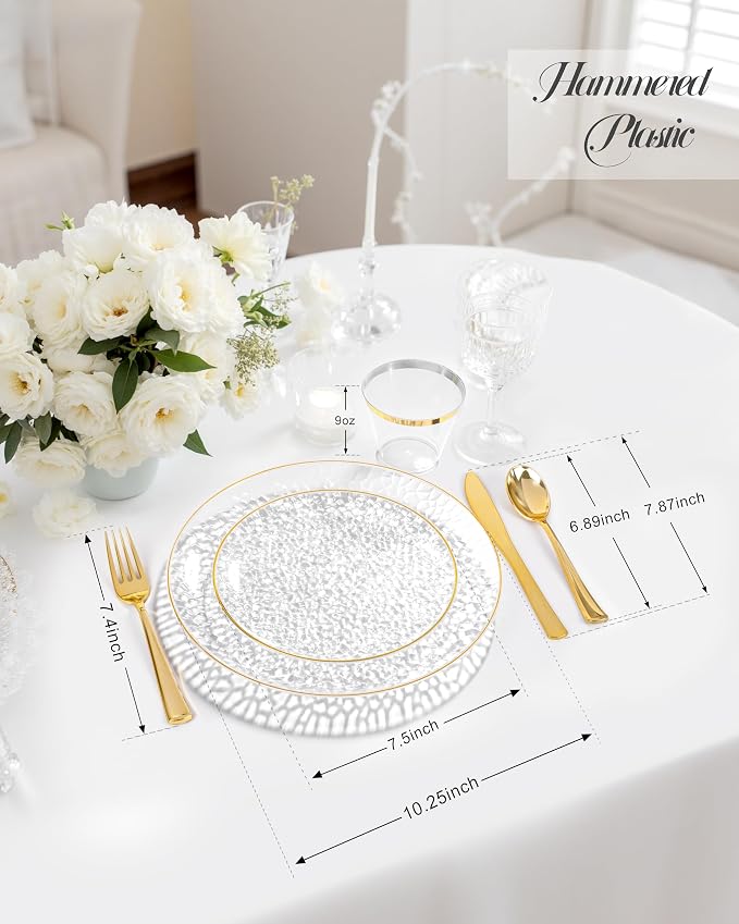 Hioasis 60pcs Clear Plastic Plates - Gold Rimmed Disposable, Hammered, Heavy-duty Dinnerware Set Suitable for 30 Guests, 10.25" Dinner & 7.5" Dessert Plates for Party & Wedding & Party