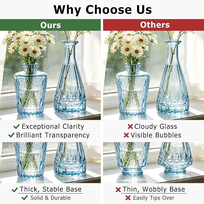 SUPMIND 6pcs Glass Bud Vase Set, Small Blue Flower Vases for Centerpieces in Bulk, Mini Vintage Vase for Wedding, Home Decor, Table Decoration